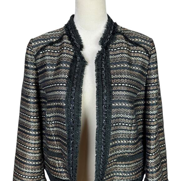 Chico's Sz 1 US 8 Royal Tweed Black Gold Metallic Fringe Trim Open Jacket Blazer - Picture 7 of 14